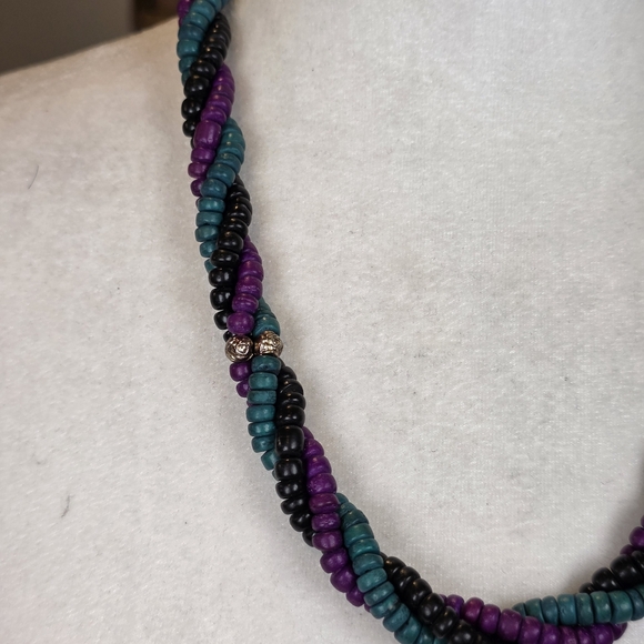 Vintage Chunky Twisted Beaded Necklace Teal Purple Black Multi-Strand Statement - Picture 7 of 10